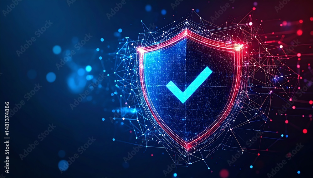 Poster digital shield icon symbolizing cybersecurity with a check mark, surrounded by a network of glowing 