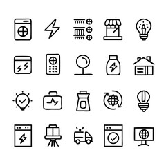 Energy saving and efficiency editable stroke outline icons set isolated on white background flat vector illustration. Alternative energy sources vector linear icons set. Ecology renewable energy .