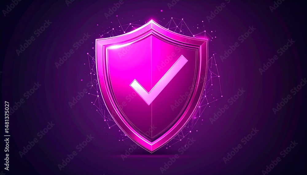 Poster a vibrant pink shield with a checkmark, symbolizing security and protection in a digital context, se