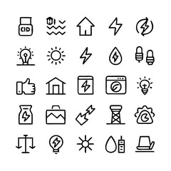Energy saving and efficiency editable stroke outline icons set isolated on white background flat vector illustration. Alternative energy sources vector linear icons set. Ecology renewable energy .