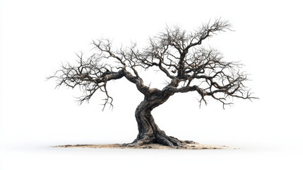 Isolated dead tree with cracked bark stands against a white background, evoking seasonal change
