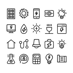 Energy saving and efficiency editable stroke outline icons set isolated on white background flat vector illustration. Alternative energy sources vector linear icons set. Ecology renewable energy .