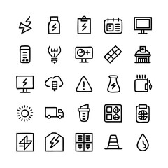Energy saving and efficiency editable stroke outline icons set isolated on white background flat vector illustration. Alternative energy sources vector linear icons set. Ecology renewable energy .