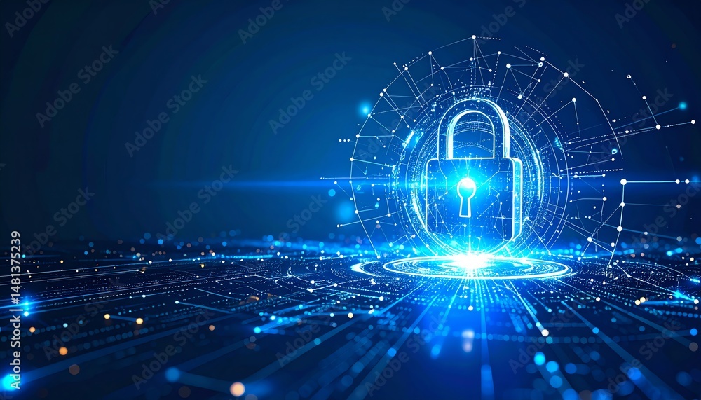 Poster a digital lock symbol surrounded by glowing lines and nodes, representing cybersecurity and data pro