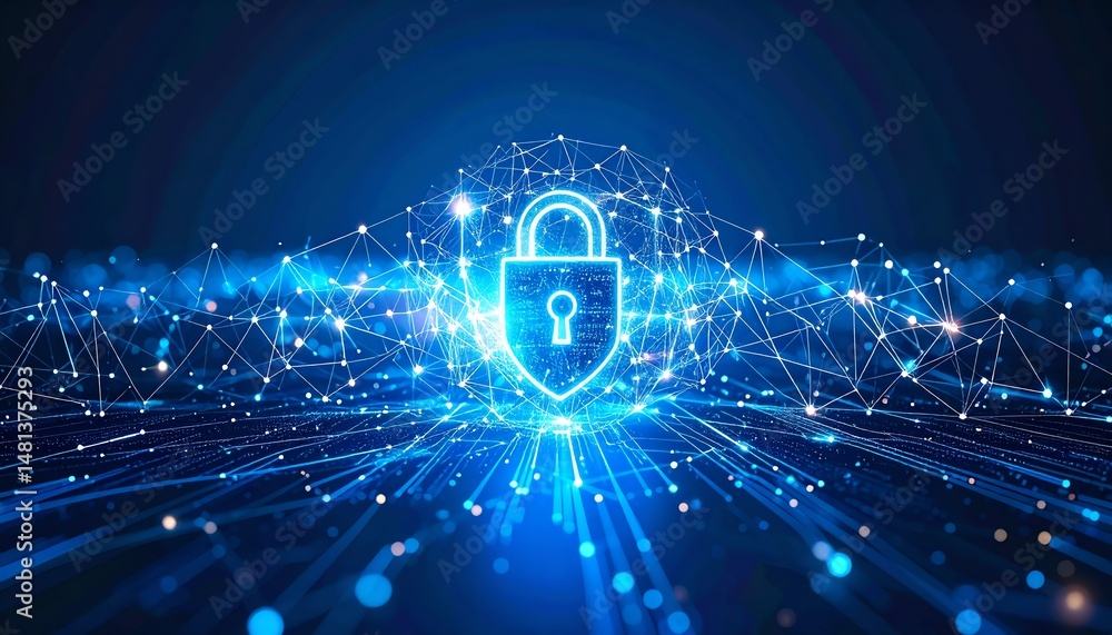 Poster a digital illustration featuring a glowing padlock surrounded by a network of interconnected lines a