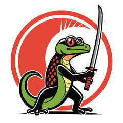 A fierce samurai gecko, wielding a katana, stands proudly within a rising sun circle.  Intricate details, vibrant colors.