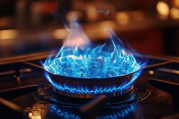Blazing blue flames on a gas stovetop
