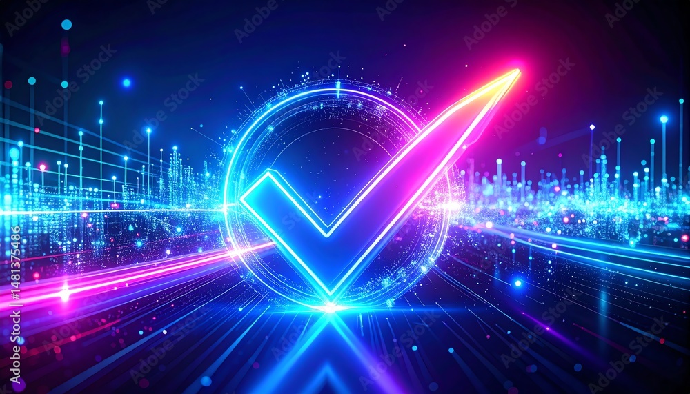 Poster a vibrant, digital checkmark surrounded by colorful light trails and abstract patterns, symbolizing 