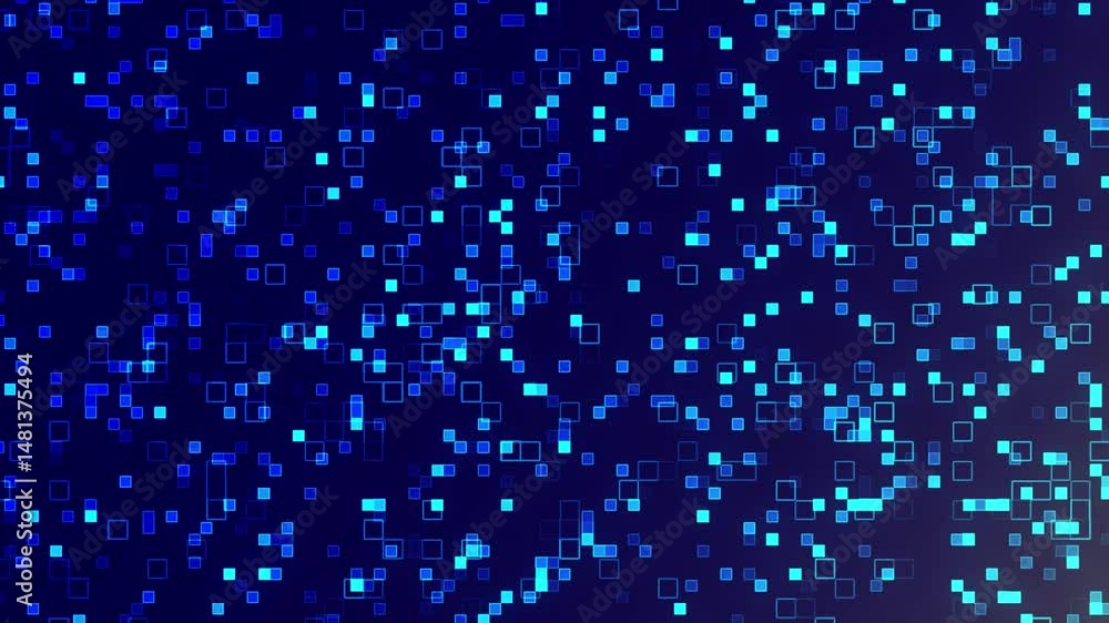 Poster abstract digital blue square particles flowing on dark background for technology and data visualizat