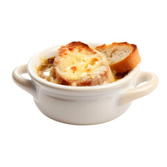 Delicious French Onion Soup with Melted Cheese and Crusty Bread isolated on transparent background