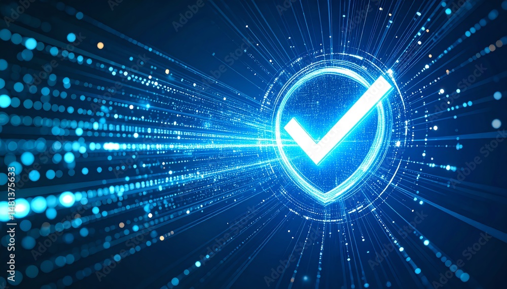Aufkleber a digital shield with a checkmark symbolizes security and trust, surrounded by glowing lines and par