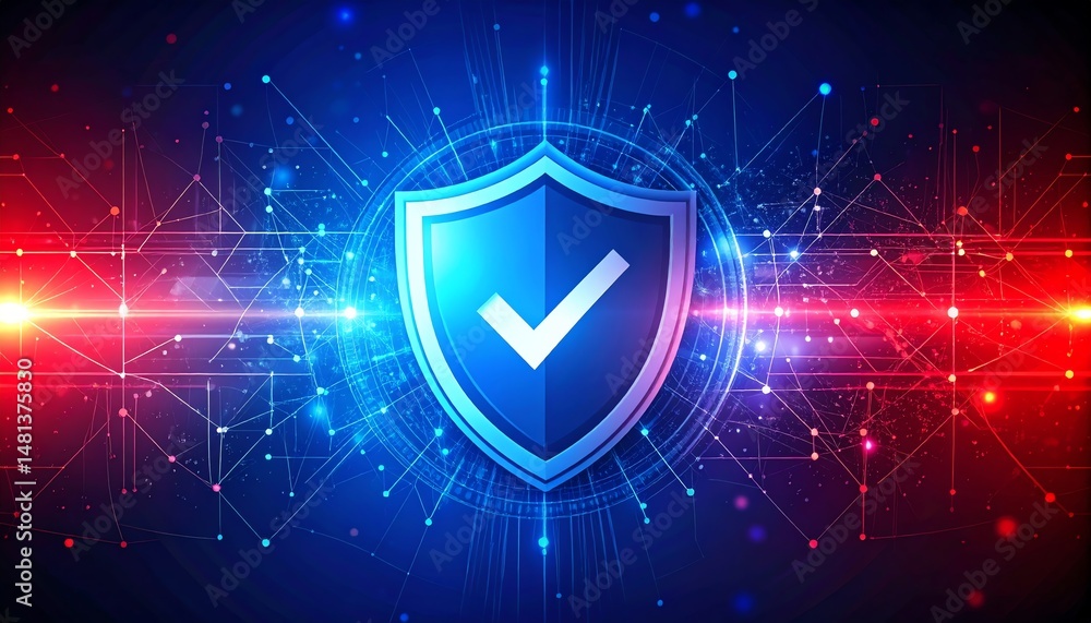 Poster a digital shield symbolizing security and protection, surrounded by vibrant lights and network patte