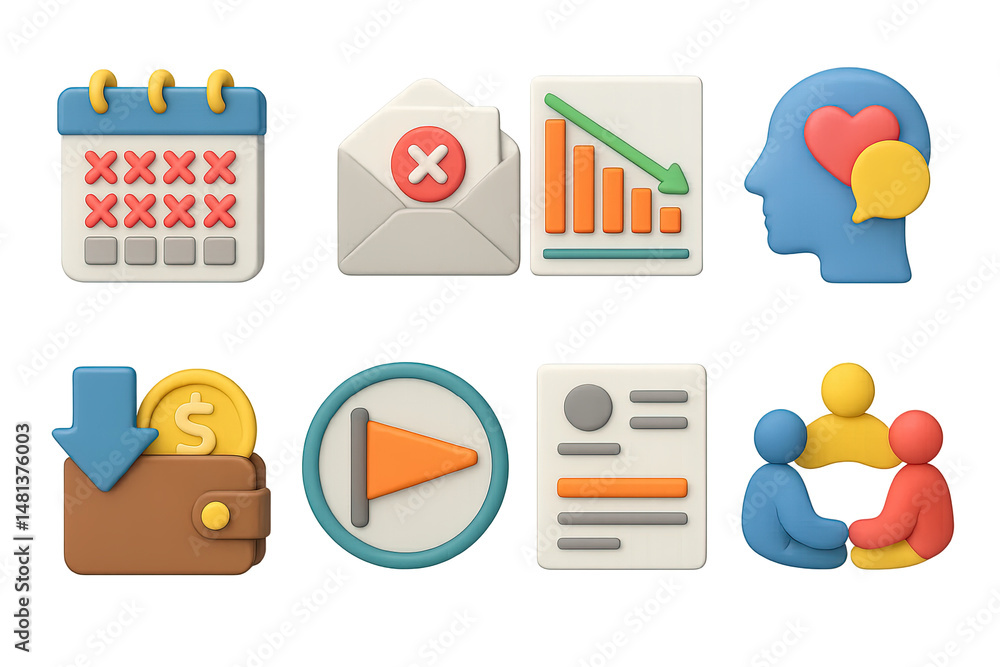 Aufkleber business and communication 3d icons set – flat, solid, workflow and interaction graphics