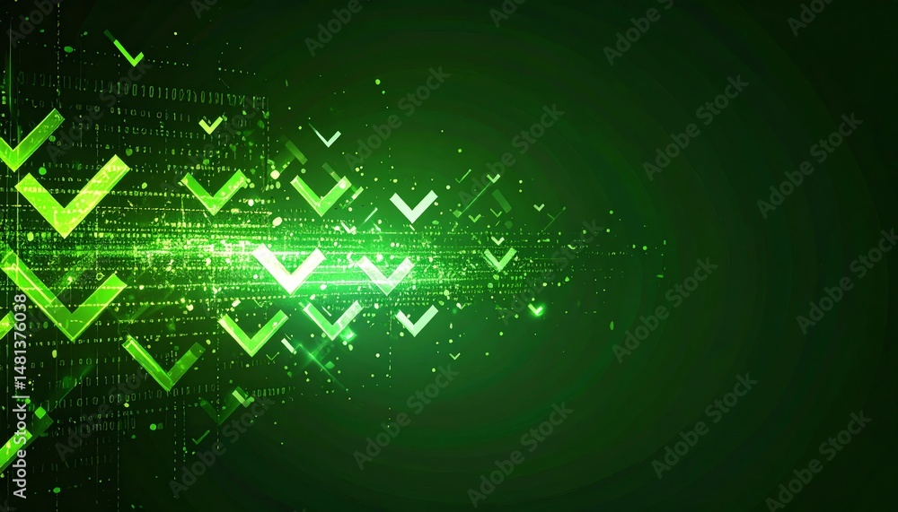 Poster abstract digital design featuring glowing green arrows and binary elements, representing technology 