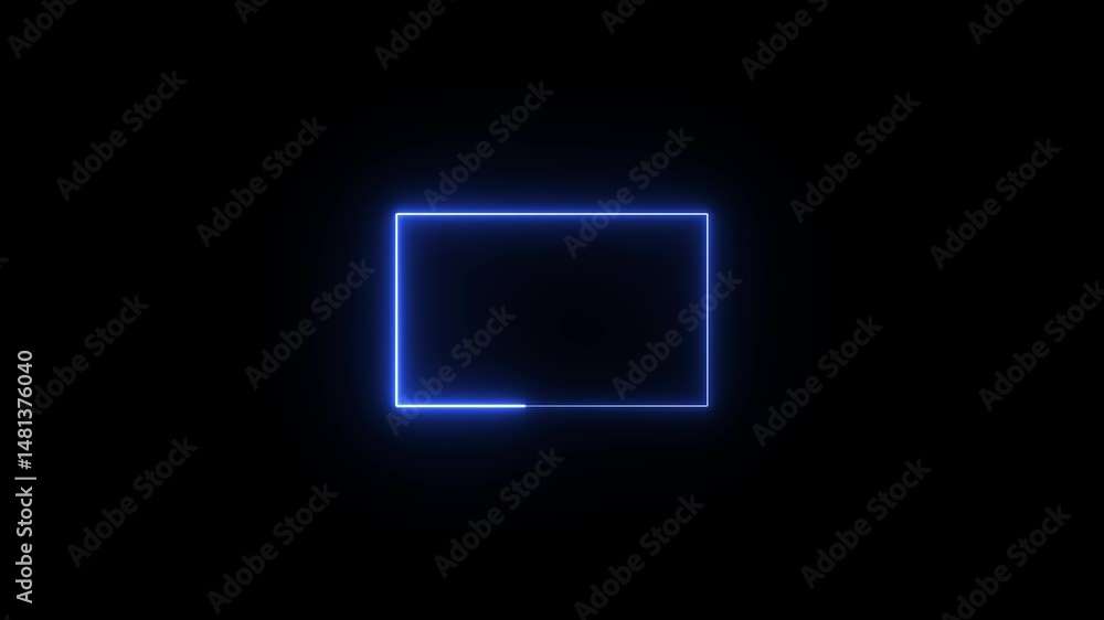 Poster glowing blue neon rectangle frame on black background loop for abstract technology presentations and