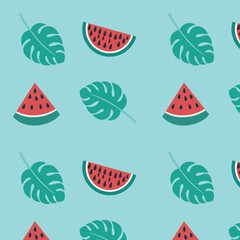 Watermelon and Monstera Leaf Illustration