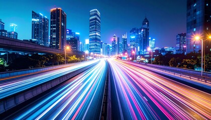 Fototapeta premium A vibrant cityscape at night, showcasing illuminated skyscrapers and light trails from moving vehicles on a busy highway