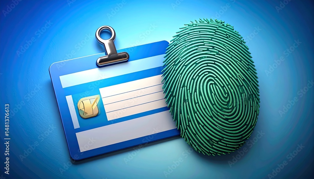 Poster an id card with a fingerprint beside it, symbolizing identity verification and security in a modern 