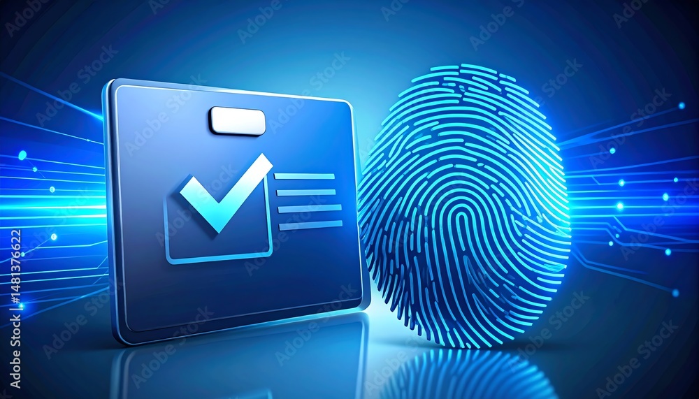 Poster digital verification concept featuring a checkmark and fingerprint, symbolizing security and identit