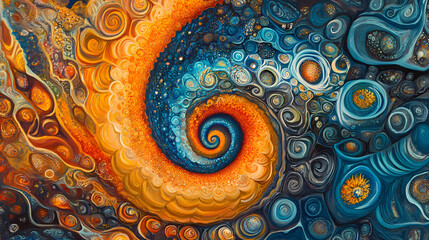 A spiral of orange and blue swirls. [Cryptosea Trench] | Vortex Bloom | whirl flora. Illustration
