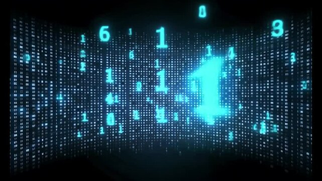 Abstract digital matrix display of binary code, glowing numbers in a dark background
