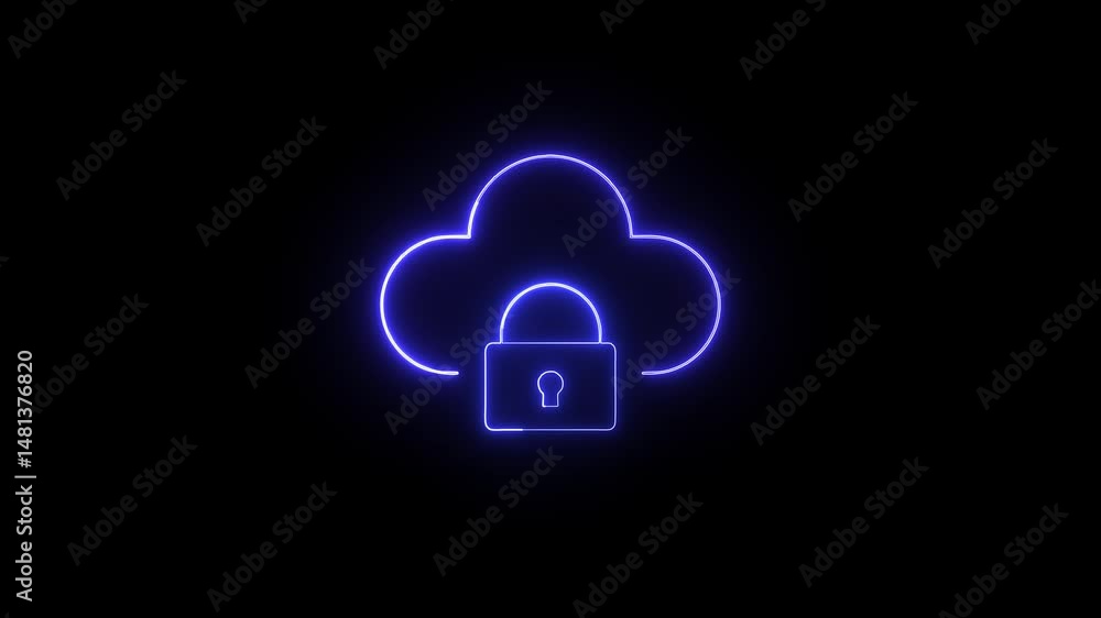Poster animated neon cloud computing security lock icon on black background
