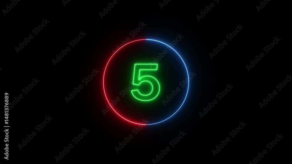 Poster animated neon number seven with a glowing circular frame on black background for countdown visual ef