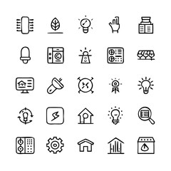 Energy saving and efficiency editable stroke outline icons set isolated on white background flat vector illustration. Alternative energy sources vector linear icons set. Ecology renewable energy .