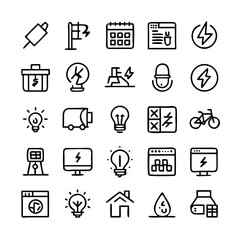 Energy saving and efficiency editable stroke outline icons set isolated on white background flat vector illustration. Alternative energy sources vector linear icons set. Ecology renewable energy .