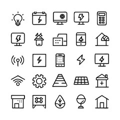 Energy saving and efficiency editable stroke outline icons set isolated on white background flat vector illustration. Alternative energy sources vector linear icons set. Ecology renewable energy .