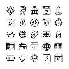 Energy saving and efficiency editable stroke outline icons set isolated on white background flat vector illustration. Alternative energy sources vector linear icons set. Ecology renewable energy .