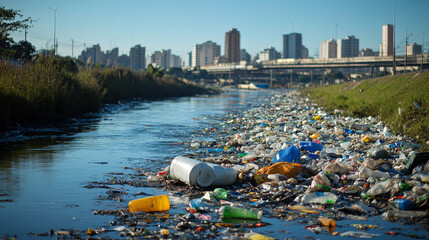 Riverbank in S&Atilde;&pound;o Paulo, Brazil strewn with trash, showing the destructive effects of pollution