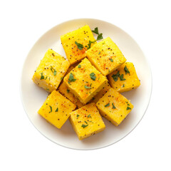Delicious Dhokla: Savory Indian Snack Food on Plate isolated on transparent background