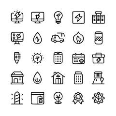 Energy saving and efficiency editable stroke outline icons set isolated on white background flat vector illustration. Alternative energy sources vector linear icons set. Ecology renewable energy .
