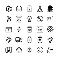 Energy saving and efficiency editable stroke outline icons set isolated on white background flat vector illustration. Alternative energy sources vector linear icons set. Ecology renewable energy .