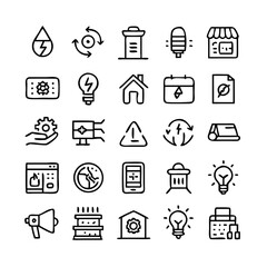 Energy saving and efficiency editable stroke outline icons set isolated on white background flat vector illustration. Alternative energy sources vector linear icons set. Ecology renewable energy .