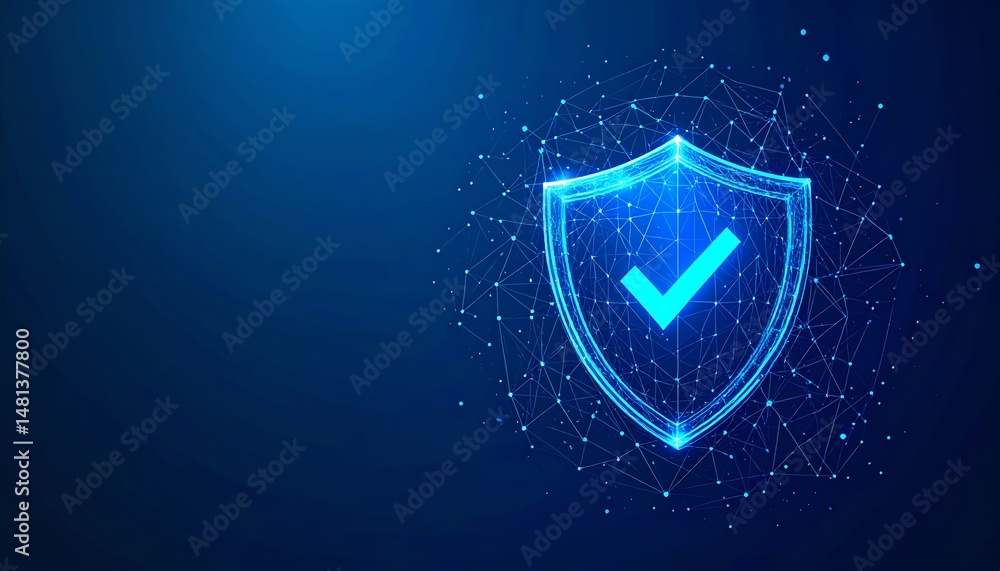 Poster a glowing digital shield with a checkmark symbolizes security and protection in a tech-themed design