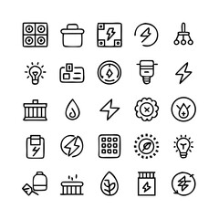 Energy saving and efficiency editable stroke outline icons set isolated on white background flat vector illustration. Alternative energy sources vector linear icons set. Ecology renewable energy .
