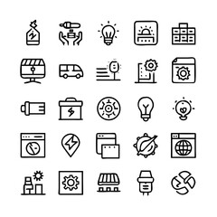 Energy saving and efficiency editable stroke outline icons set isolated on white background flat vector illustration. Alternative energy sources vector linear icons set. Ecology renewable energy .
