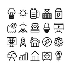 Energy saving and efficiency editable stroke outline icons set isolated on white background flat vector illustration. Alternative energy sources vector linear icons set. Ecology renewable energy .