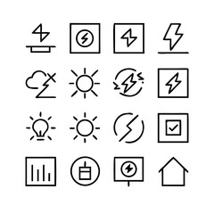 Energy saving and efficiency editable stroke outline icons set isolated on white background flat vector illustration. Alternative energy sources vector linear icons set. Ecology renewable energy .