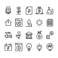 Energy saving and efficiency editable stroke outline icons set isolated on white background flat vector illustration. Alternative energy sources vector linear icons set. Ecology renewable energy .