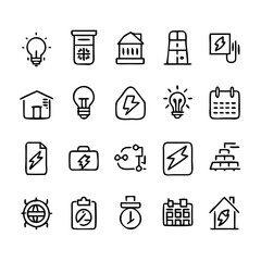 Energy saving and efficiency editable stroke outline icons set isolated on white background flat vector illustration. Alternative energy sources vector linear icons set. Ecology renewable energy .