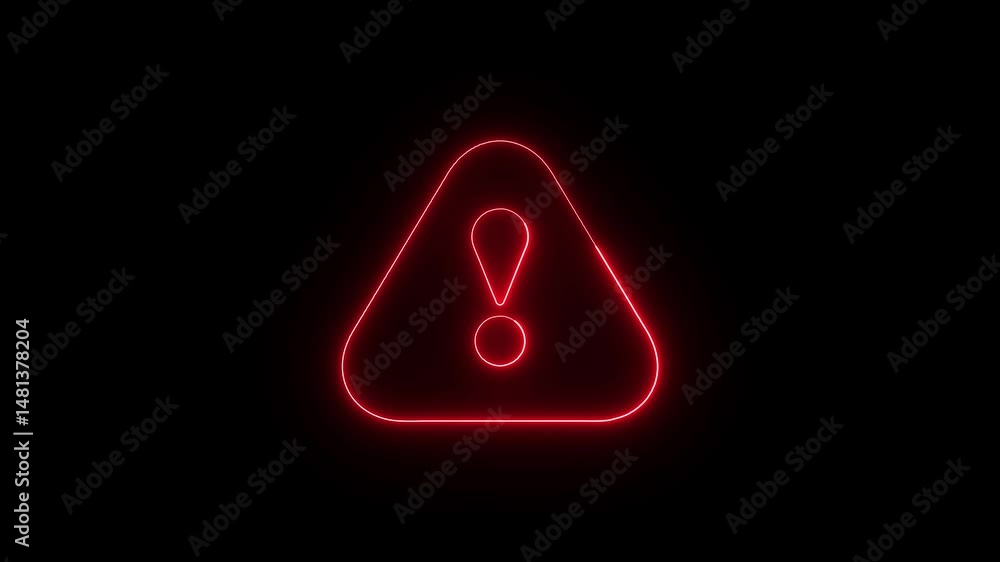 Poster exclamation in triangle using for warning. animated red neon warning sign illuminated on black backg