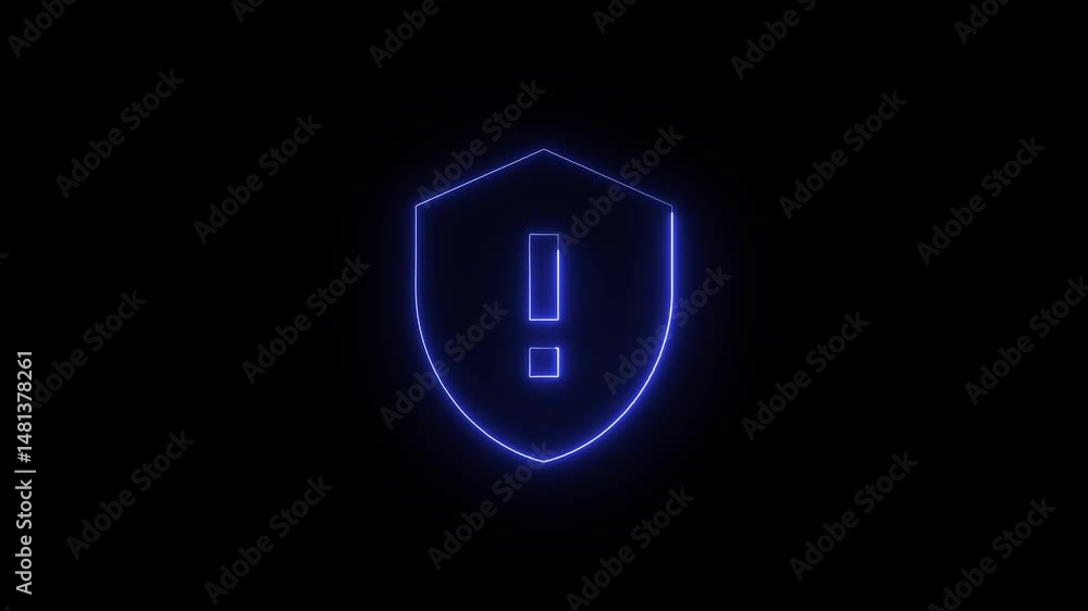 Poster glowing neon shield with exclamation point warning sign on black background for cyber security and d