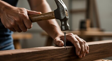 Driving Nail Into Wood Plank with Hammer