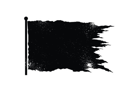 Distressed flag silhouette. The image shows a black silhouette of a tattered and weathered flag on a pole, suggesting age or battle. Vector clipart illustration design.