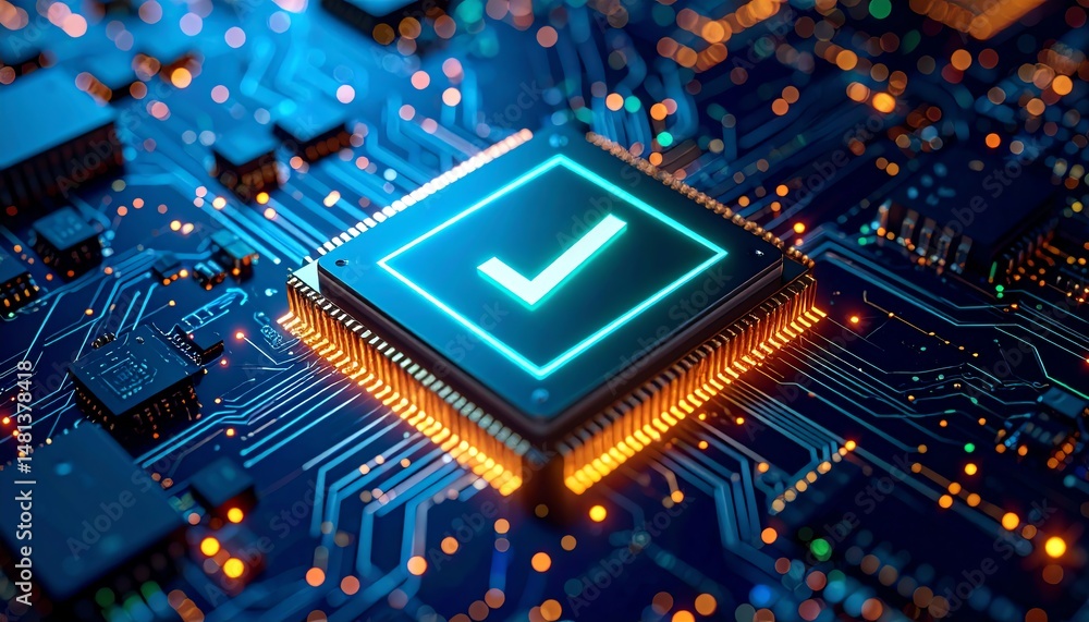 Poster a glowing microchip with a checkmark symbol, representing technology, validation, and efficiency in 