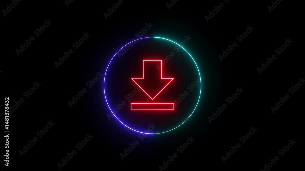 Poster circle loading with downloading arrow. glowing neon download icon animation on black background digi