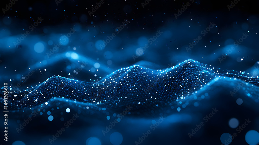 Poster intricate network of interconnected blue points forming a captivating landscape of hills and valleys